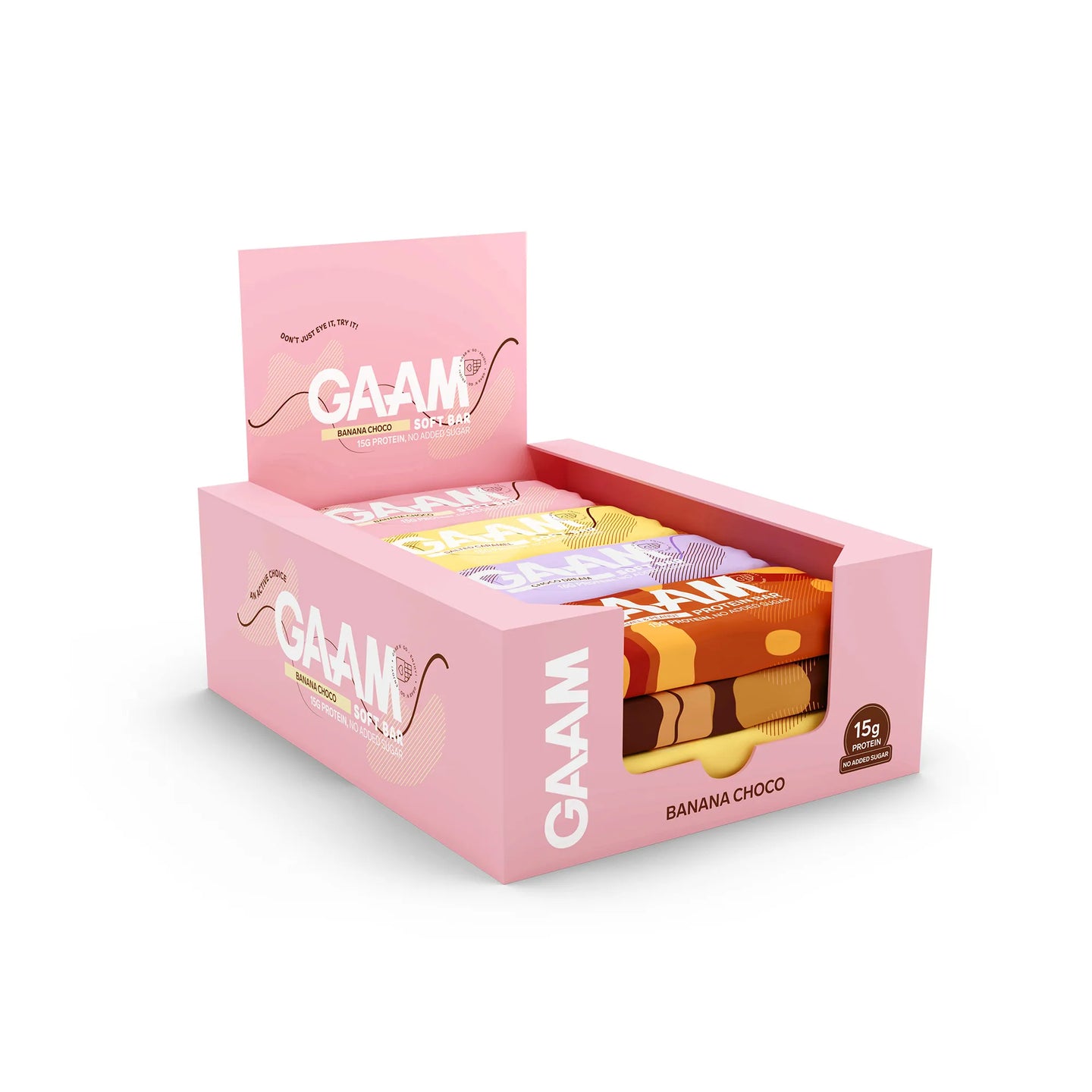 12 x GAAM Protein Bar & Soft Bar 45 g Mixeske i en lyserosa displayeske med fargerike innpakkede barer.