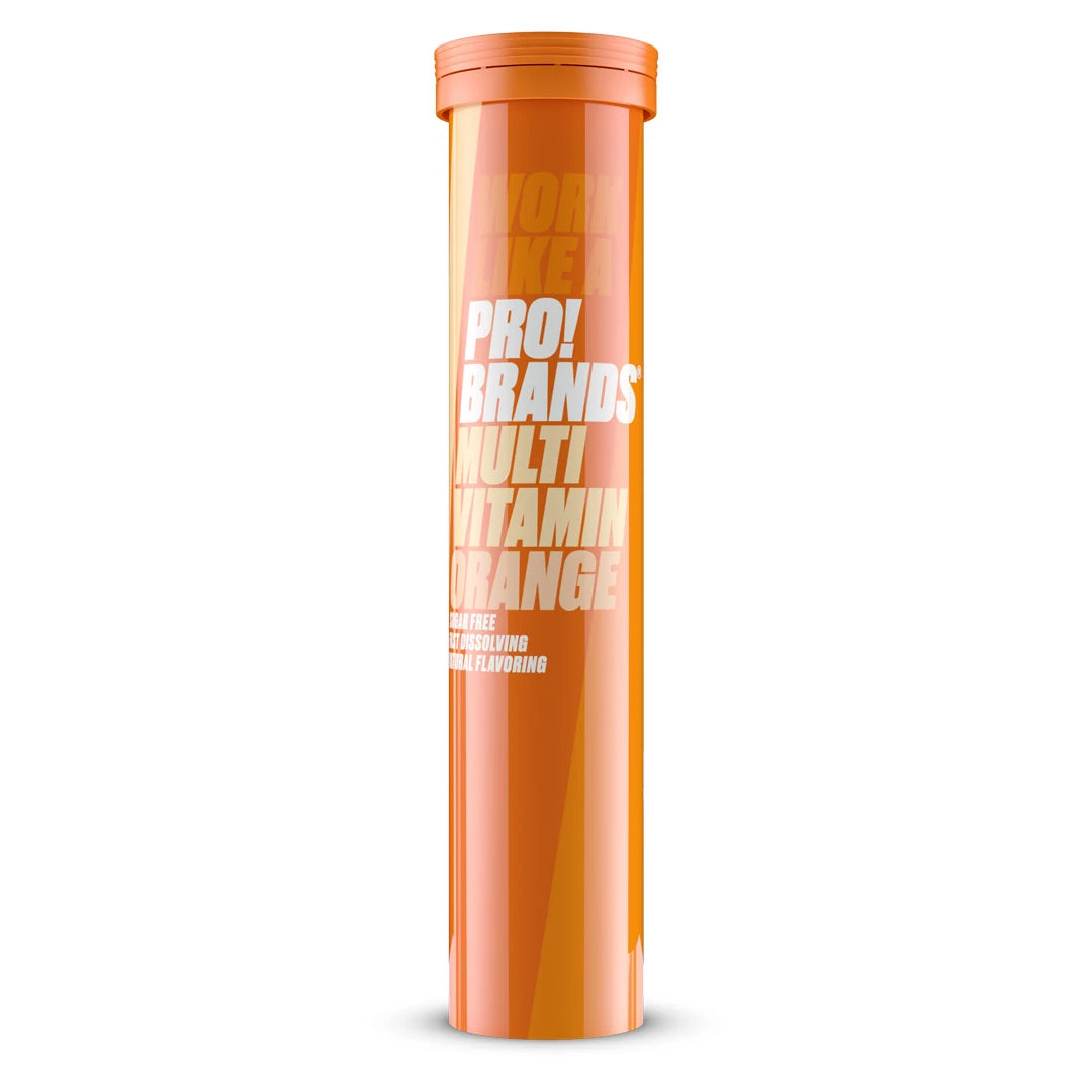 Pro Brands Multivitamin Brus Orange pakket i et oransjefarget rør.
