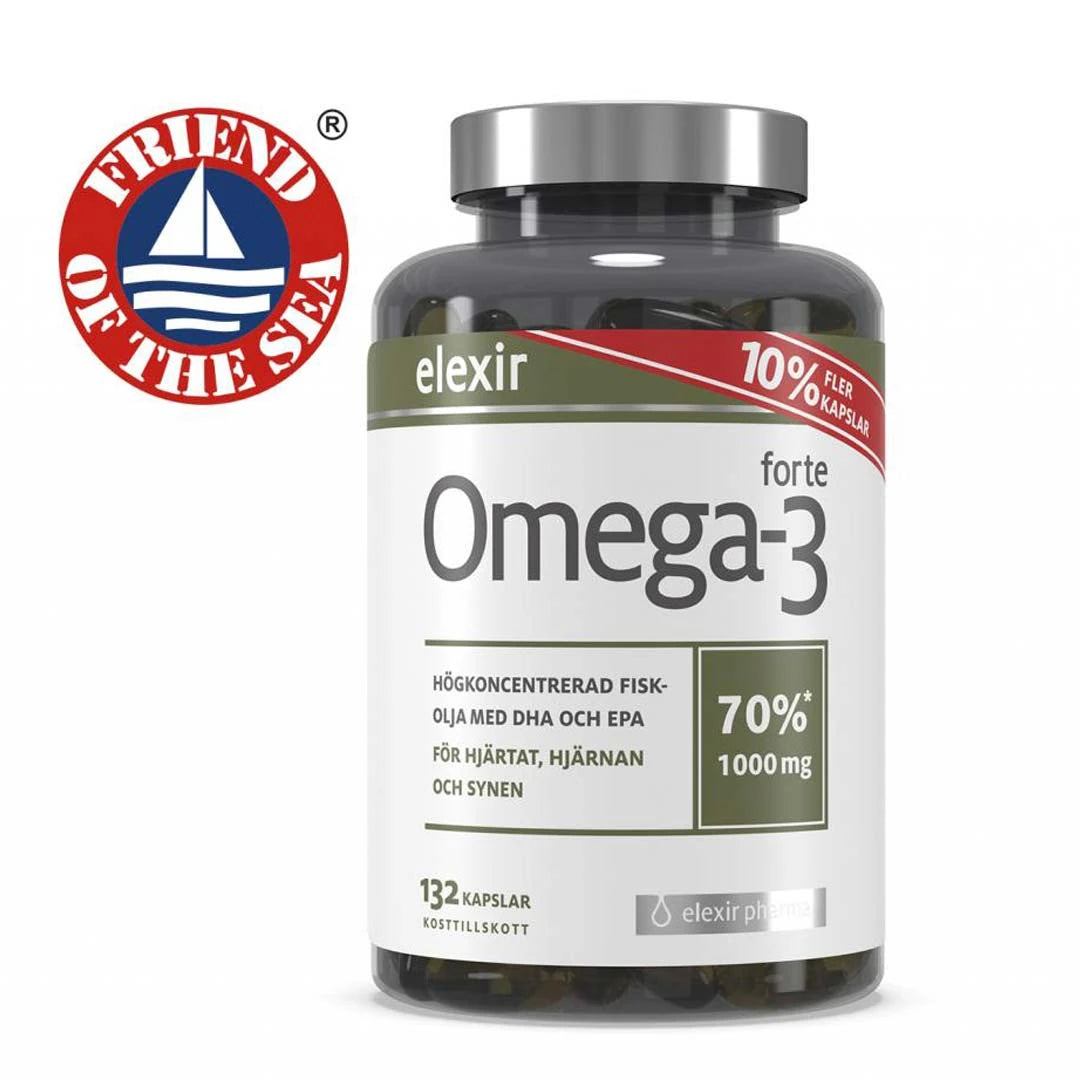 Elexir Pharma Omega-3 Forte 132 caps i mørk boks med sølvlokk og hvit etikett, ved siden av Friend of the Sea-logo.