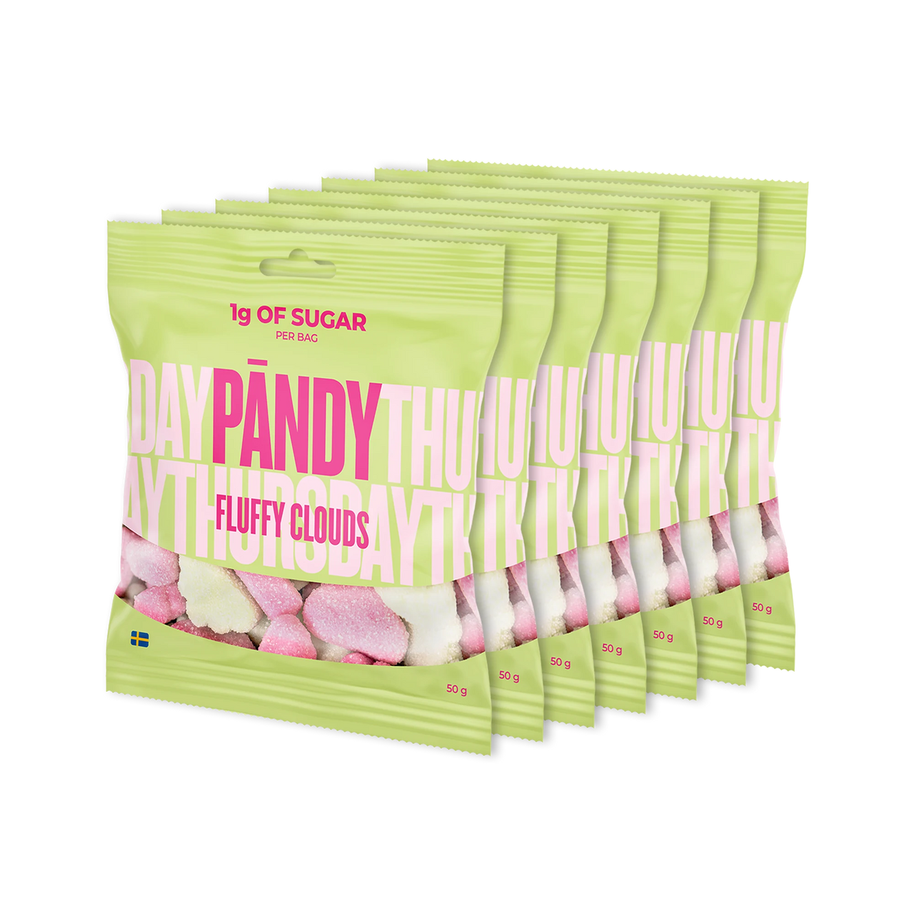 7 x Pändy Candy 50 g gelégodteri i sju lysegrønne poser for smaken Fluffy Clouds.
