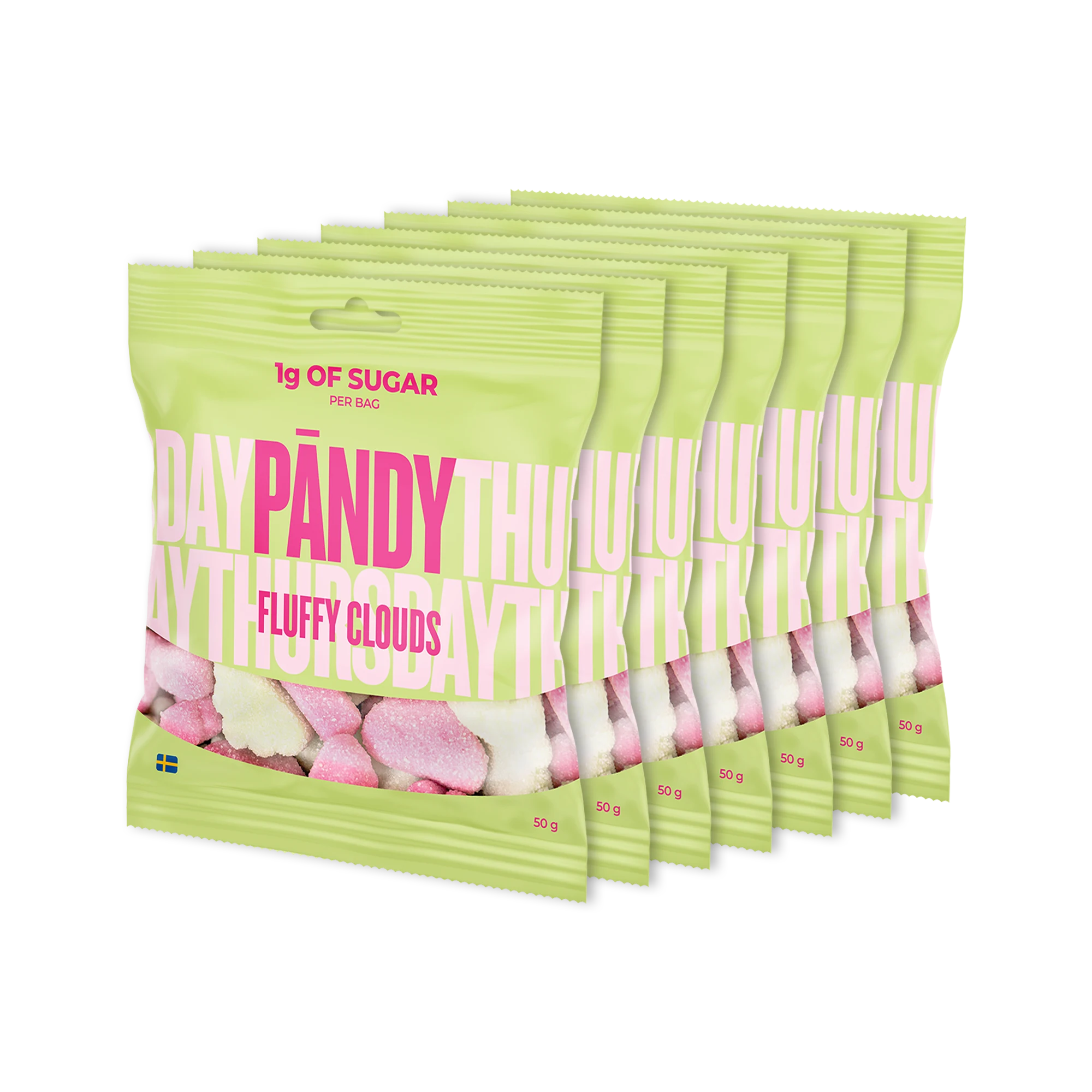 7 x Pändy Candy 50 g gelégodteri i sju lysegrønne poser for smaken Fluffy Clouds., bilde 1 av 1
