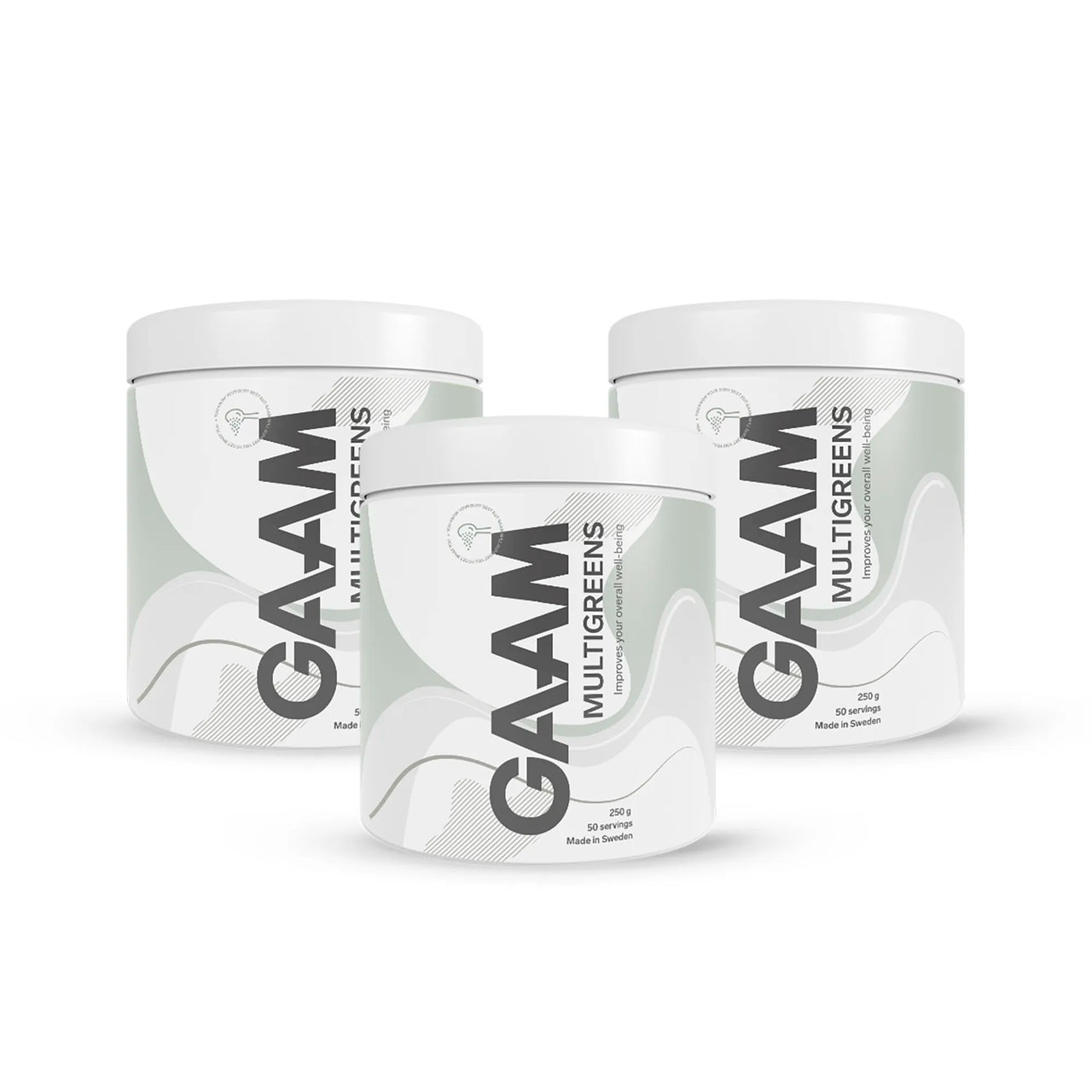 Tre hvite bokser av 3 x GAAM Multigreens 250 g med grønne og grå bølgete detaljer på etikettene.