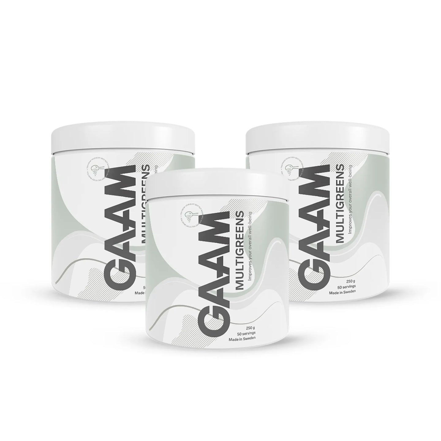 Tre hvite bokser av 3 x GAAM Multigreens 250 g med grønne og grå bølgete detaljer på etikettene.