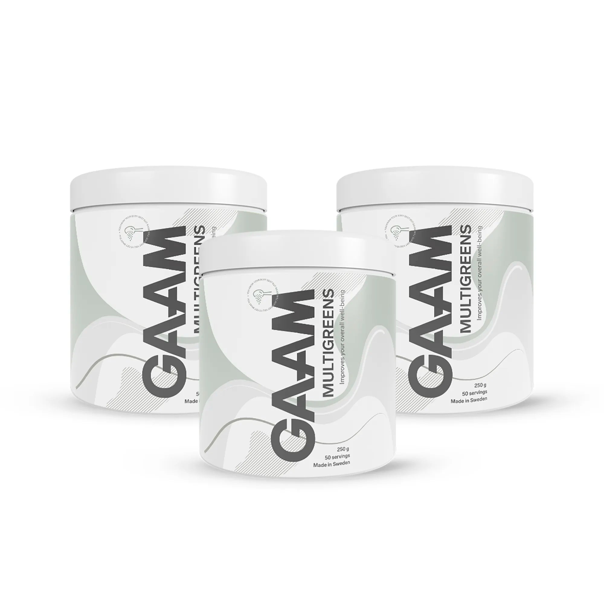 Tre hvite bokser av 3 x GAAM Multigreens 250 g med grønne og grå bølgete detaljer på etikettene.