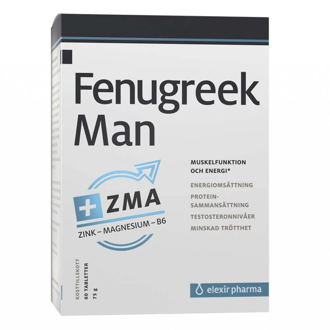 Elexir Pharma Fenugreek Man + ZMA 60 tabs i en hvit eske med blå og svarte detaljer for økt velvære og testosteronnivåer.