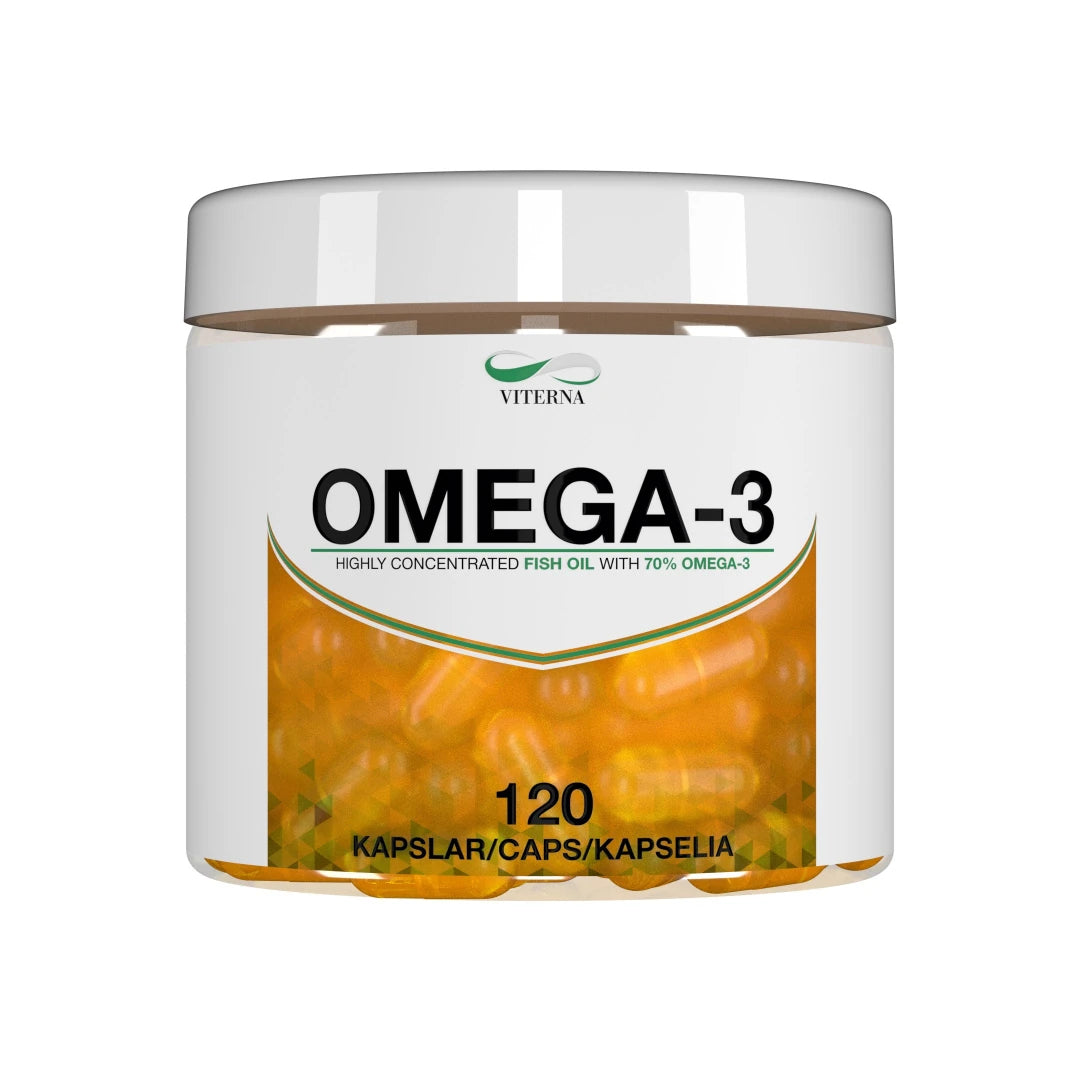 Viterna Omega-3 120 caps i en transparent boks med hvit etikett og oransje kapsler synlige gjennom boksen.
