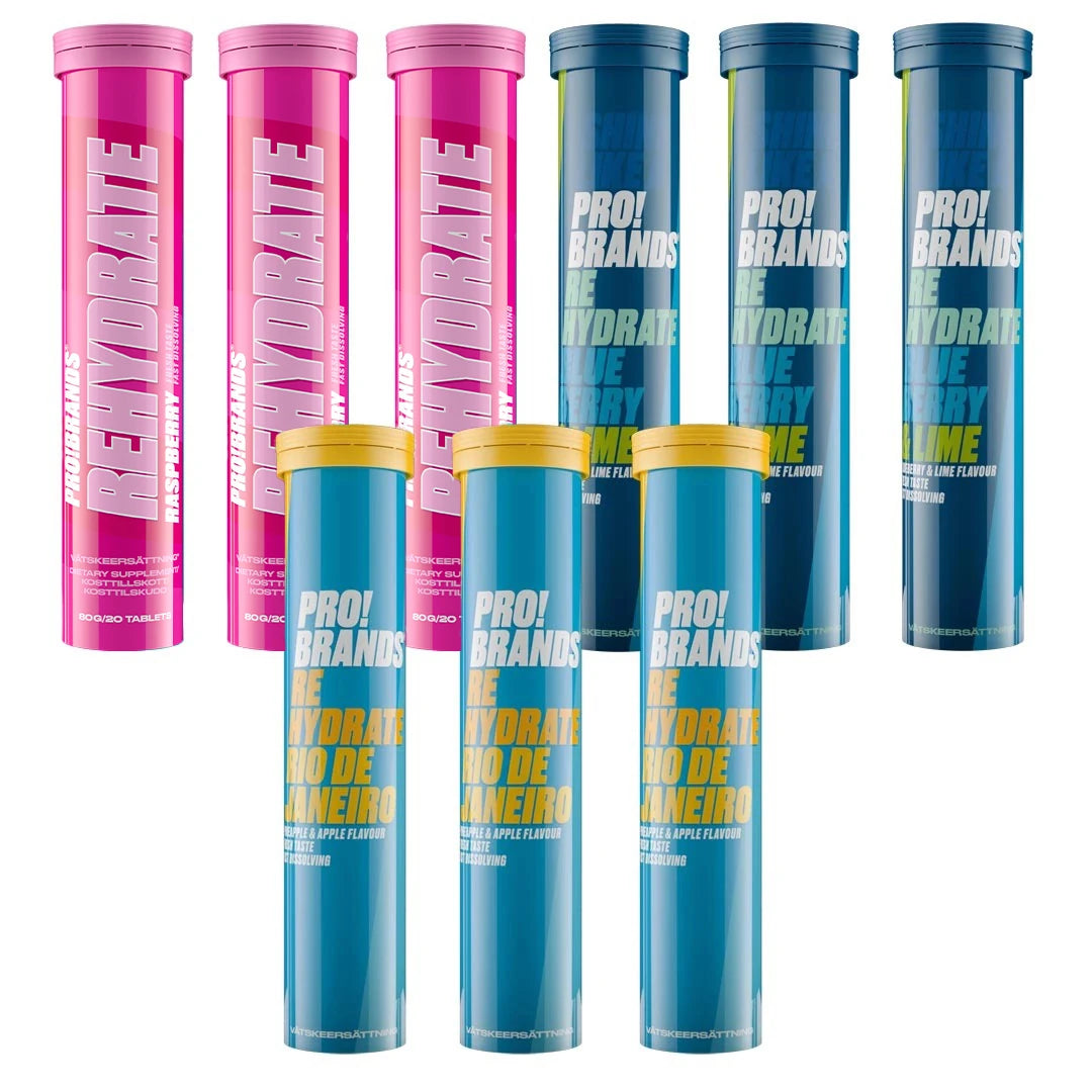 9 x Pro Brands Rehydrate 20 Tabs væskeerstatning i ni rør i rosa, mørkeblått og lyseblått design for ulike smaker., bilde 1 av 1