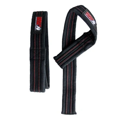 Gorilla Wear Hardcore Lifting Straps, svarte drareimer i kraftig bomull med røde sømmer for tunge løft.