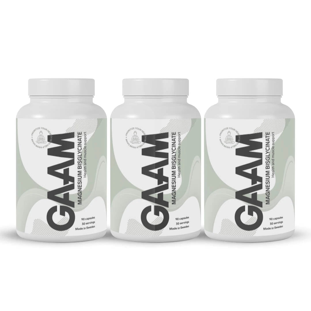 3 x GAAM Magnesium Bisglycinate 90 caps som tre hvite plastbokser med lysegrønne detaljer., bilde 1 av 1