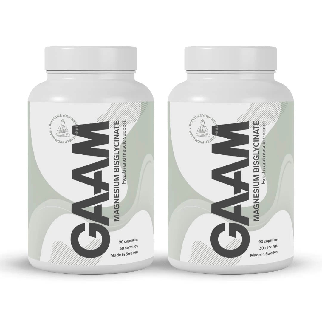 2 x GAAM Magnesium Bisglycinate 90 caps i to hvite bokser med lysegrønne og grå detaljer., bilde 1 av 1