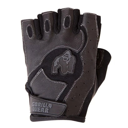 Gorilla Wear Mitchell Training Gloves, en svart treningshanske i lær og mesh med borrelås og logo.
