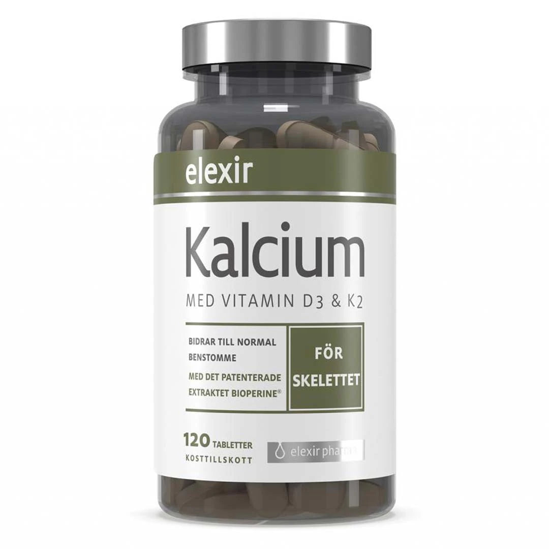 Elexir Pharma Kalcium 120 tabs kosttilskudd i en mørk, transparent boks med sølvlokk og grønnhvit etikett.