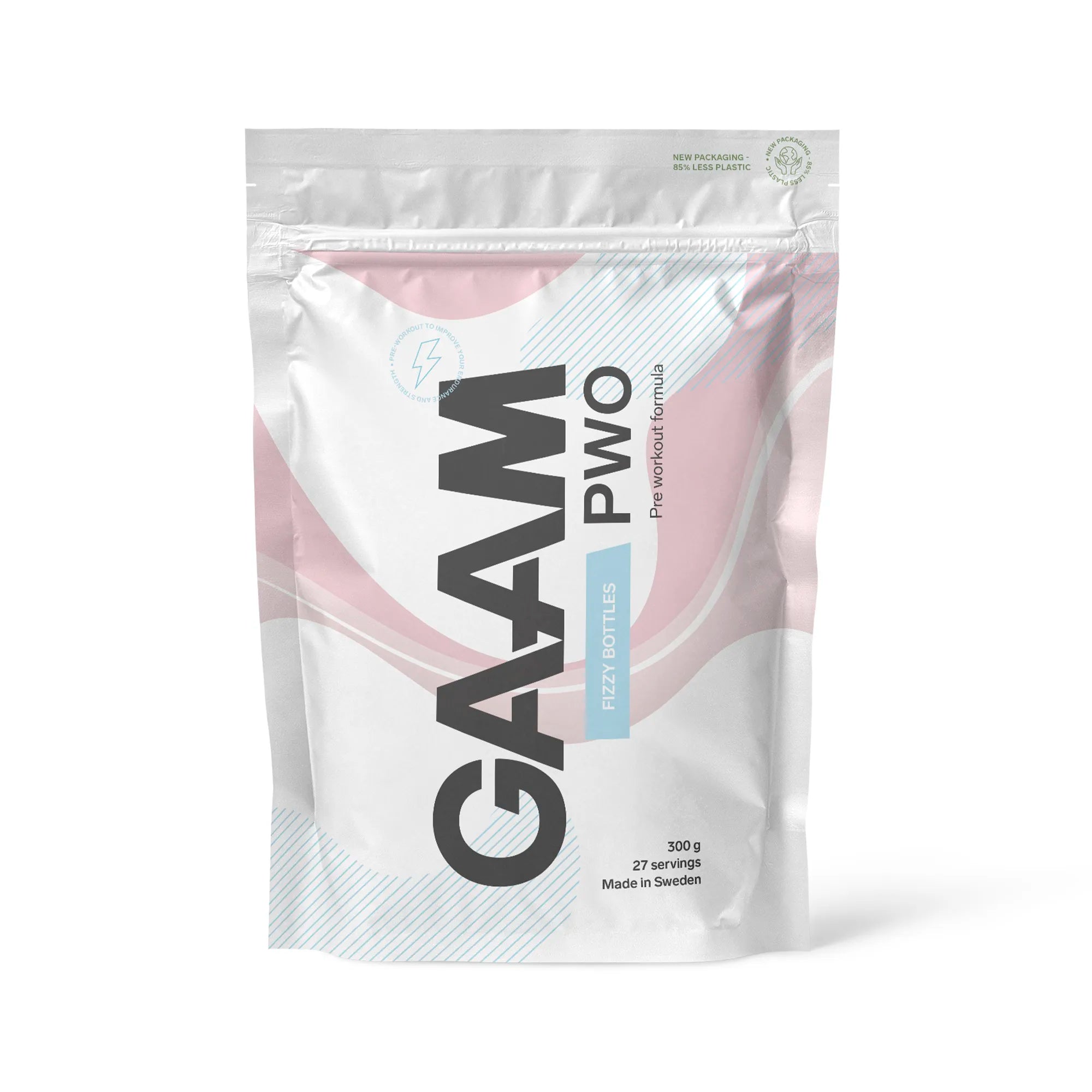 GAAM PWO 300 g pre-workout pulver, pakket i en hvit pose med rosa og blå detaljer og smaken Fizzy Bottles.
