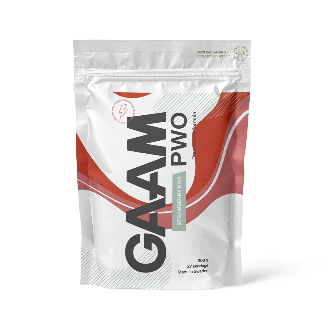GAAM PWO 300 g prestasjonsøker i pulverform, hvit pose med røde detaljer for smaken Strawberry Kiwi.