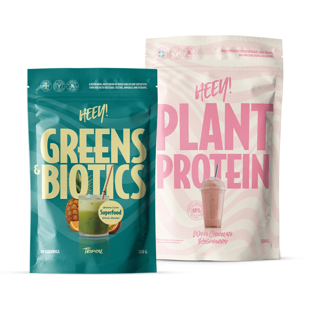 Heey! Wellness-pakke med en turkis pose Greens &amp; Biotics og en rosa pose Plant Protein., bilde 1 av 1