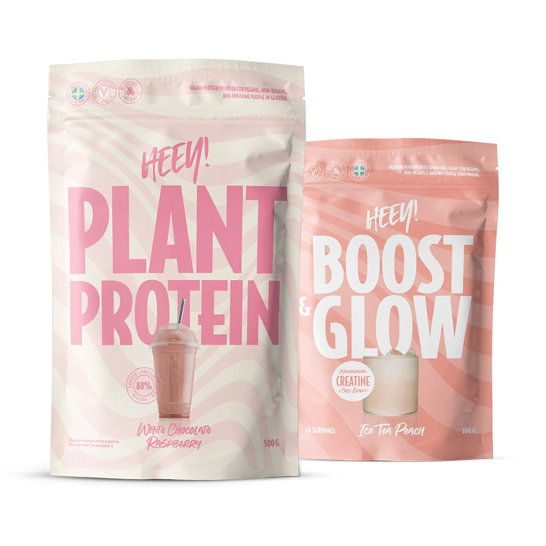 Heey! Workout-pakke med to lyserosa og mønstrede poser som inneholder Plant Protein og Boost &amp; Glow., bilde 1 av 1