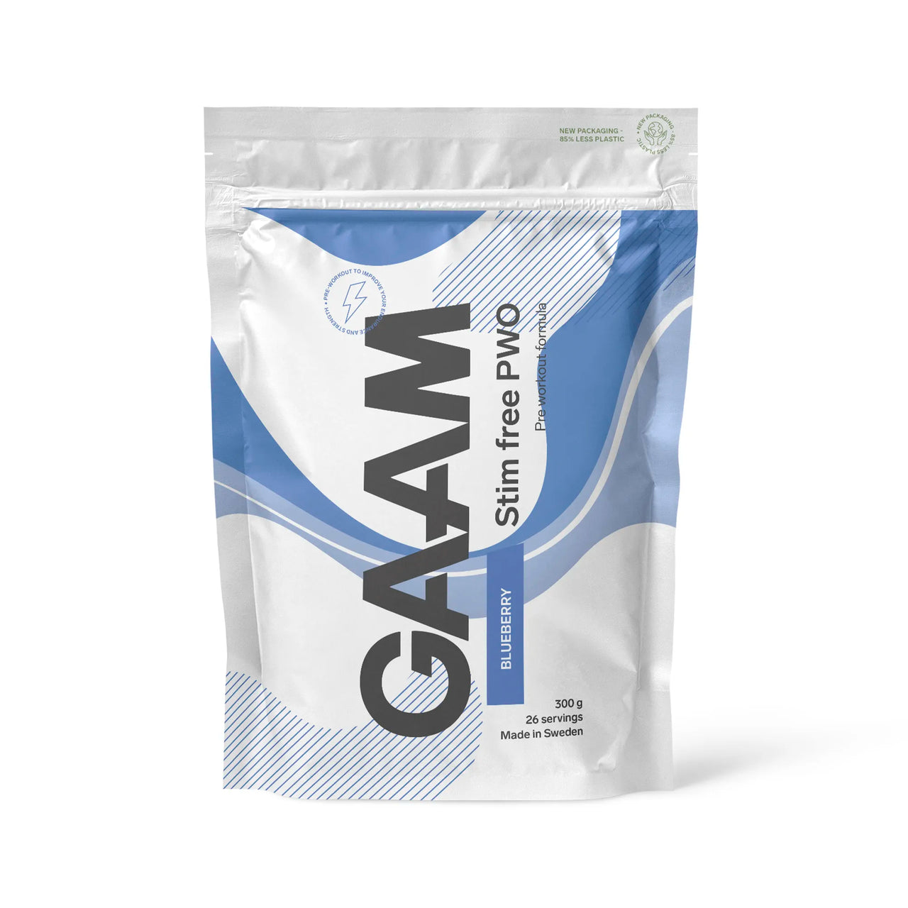 GAAM Stim free PWO 300 g i en hvit pose med blå detaljer for smaken Blueberry.