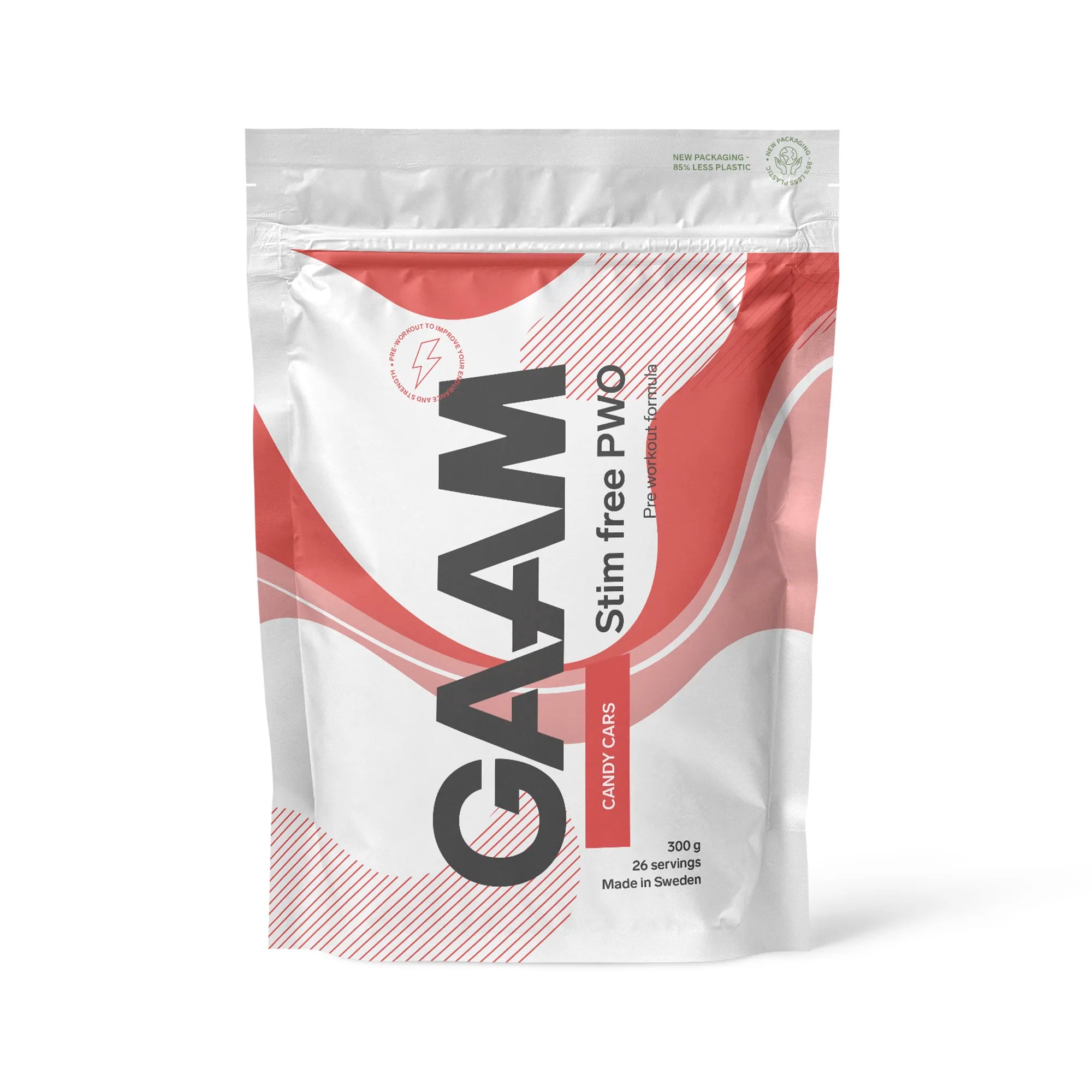 GAAM Stim free PWO 300 g i en hvit pose med rosa og røde detaljer for smaken Candy Cars.