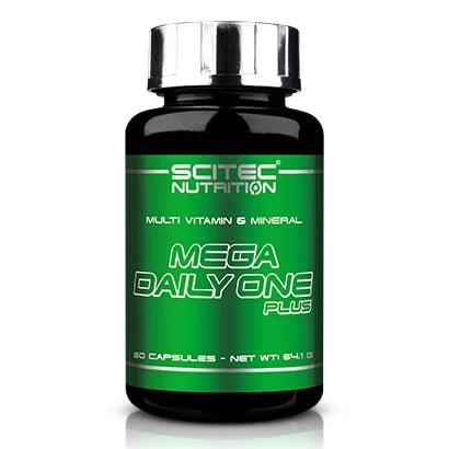 Scitec Nutrition Mega Daily One Plus 60 caps multivitamin i en svart boks med grønn etikett og sølvfarget lokk.