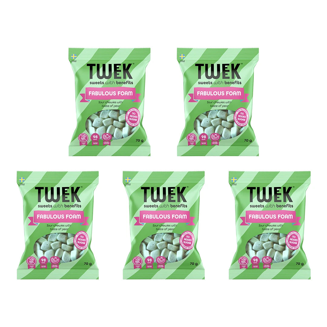 5 x Tweek Sweets 70 g Fabulous Foam i fem lysegrønne poser med rosa detaljer for skumgodteri.