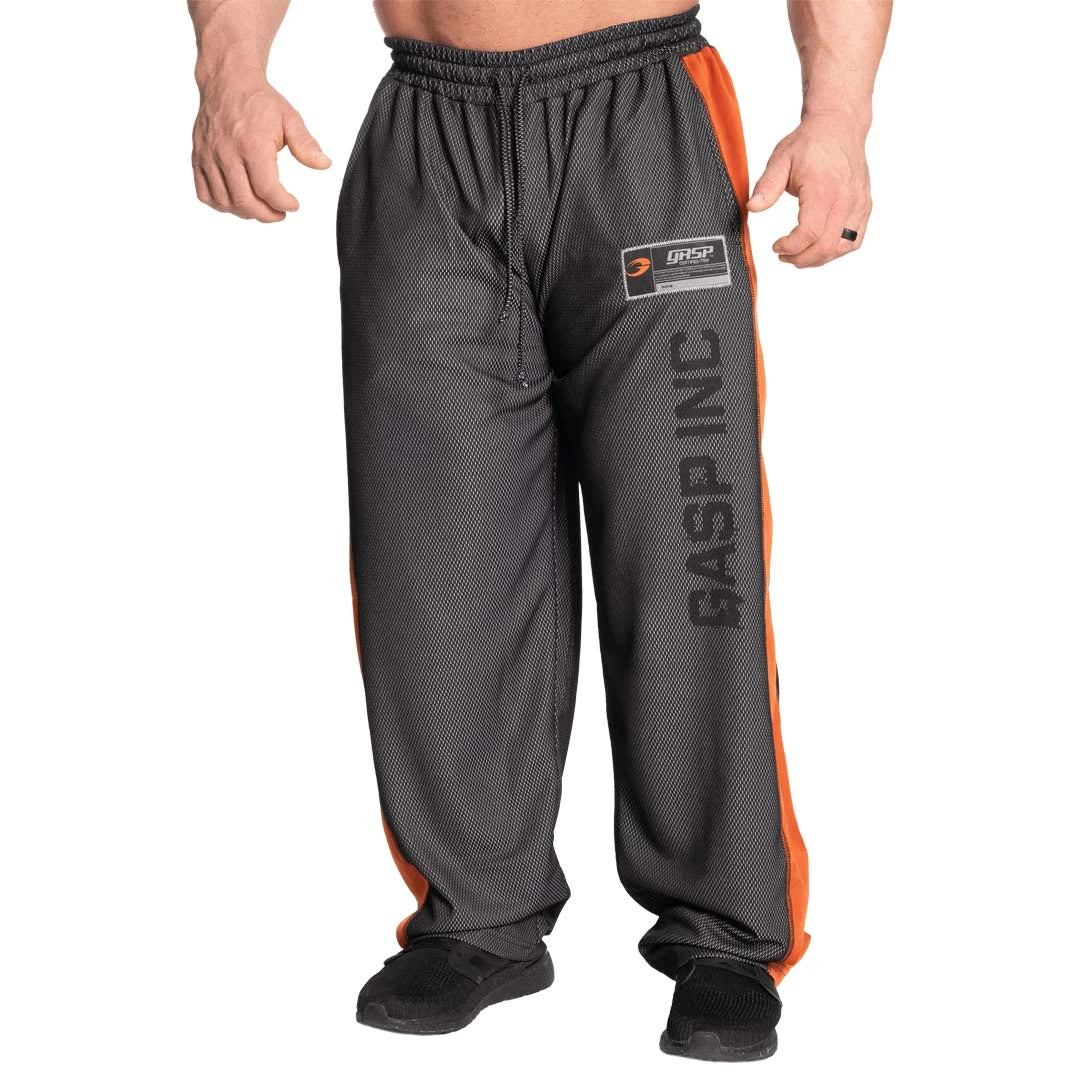 GASP No 1 Mesh Pant Black Flame treningsbukser i luftig svart mesh med oransje sidepaneler og logo langs benet., bilde 1 av 6