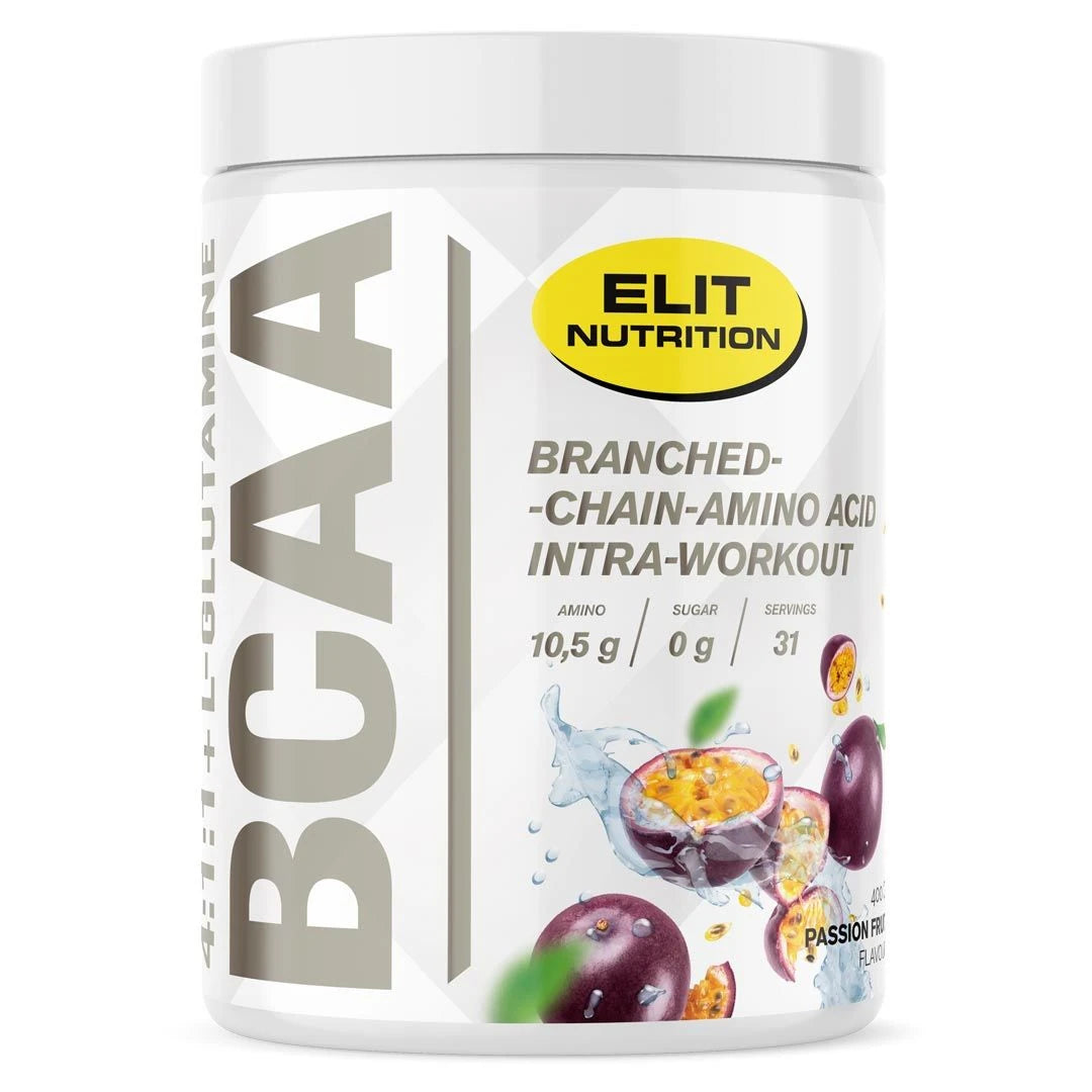 Elit Nutrition BCAA 4:1:1 + L-glutamine 400 g aminosyrepulver i en hvit boks med gule detaljer og pasjonsfrukt for smaken Passion Fruit., bilde 1 av 4