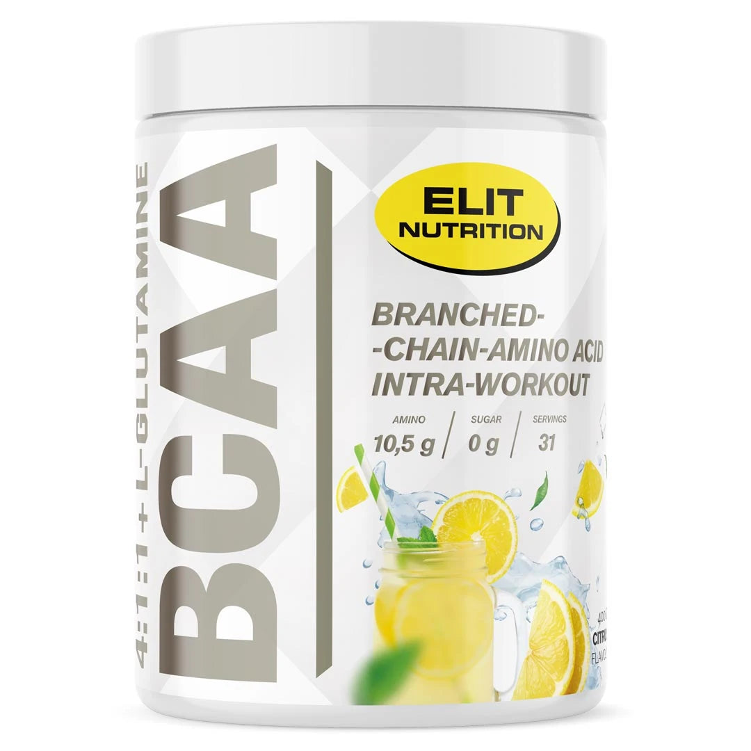 Elit Nutrition BCAA 4:1:1 + L-glutamine 400 g aminosyrepulver i en hvit boks med gule sitrondetaljer for smaken Citrus., bilde 4 av 4