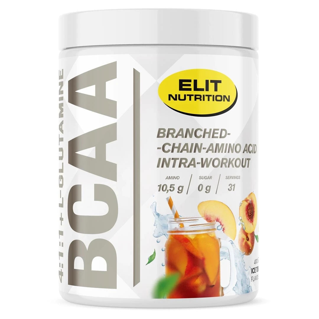Elit Nutrition BCAA 4:1:1 + L-glutamine 400 g aminosyrepulver i en hvit boks med illustrasjon av iste og fersken for smaken Ice Tea.