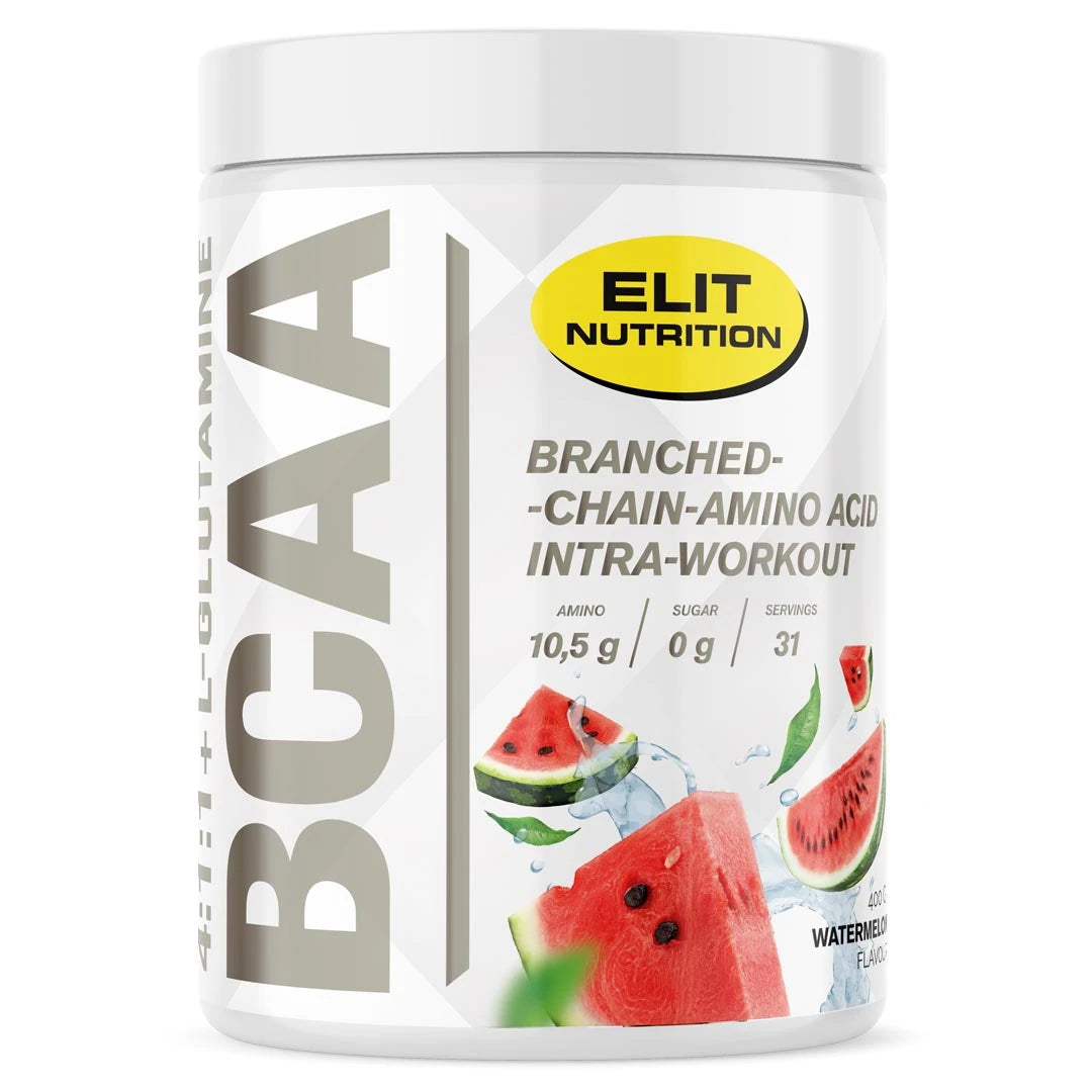 Elit Nutrition BCAA 4:1:1 + L-glutamine 400 g aminosyrepulver i en hvit boks med illustrasjoner av vannmelon for smaken Watermelon., bilde 3 av 4