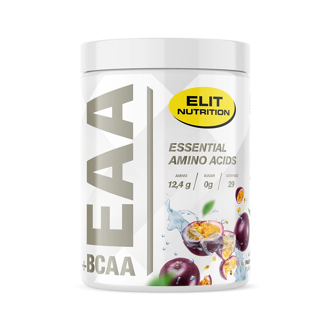 Elit Nutrition BCAA 4:1:1 + L-glutamine 400 g aminosyrer i en hvit boks med illustrasjon av pasjonsfrukt.