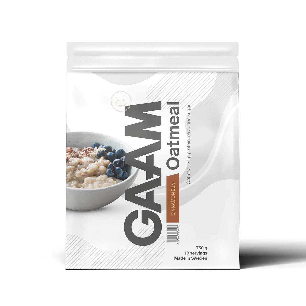 GAAM Oatmeal 750 g proteingrøt i en hvit pose med grå og brune detaljer for smaken Cinnamon Bun.