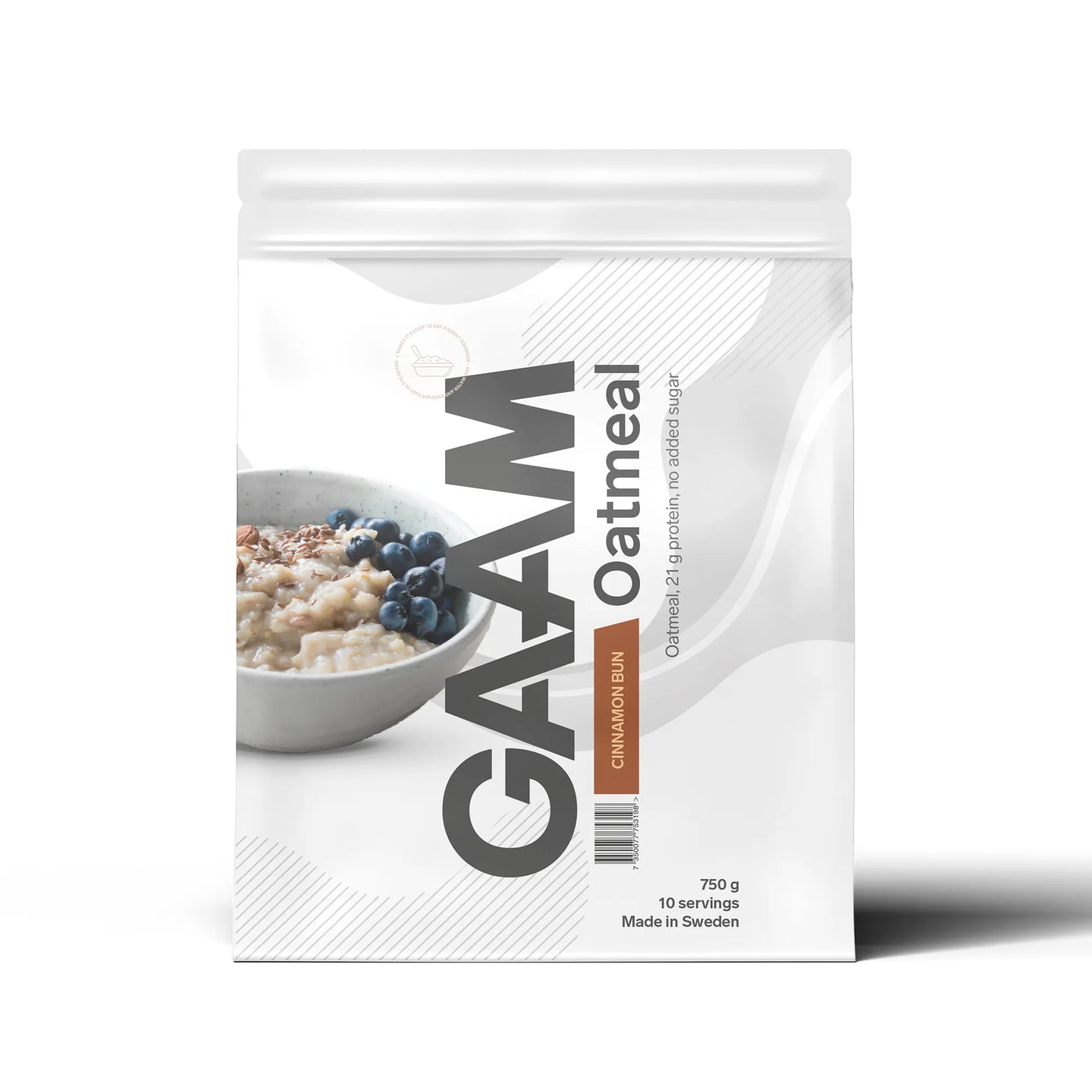 GAAM Oatmeal 750 g proteingrøt i en hvit pose med grå og brune detaljer for smaken Cinnamon Bun., bilde 1 av 2