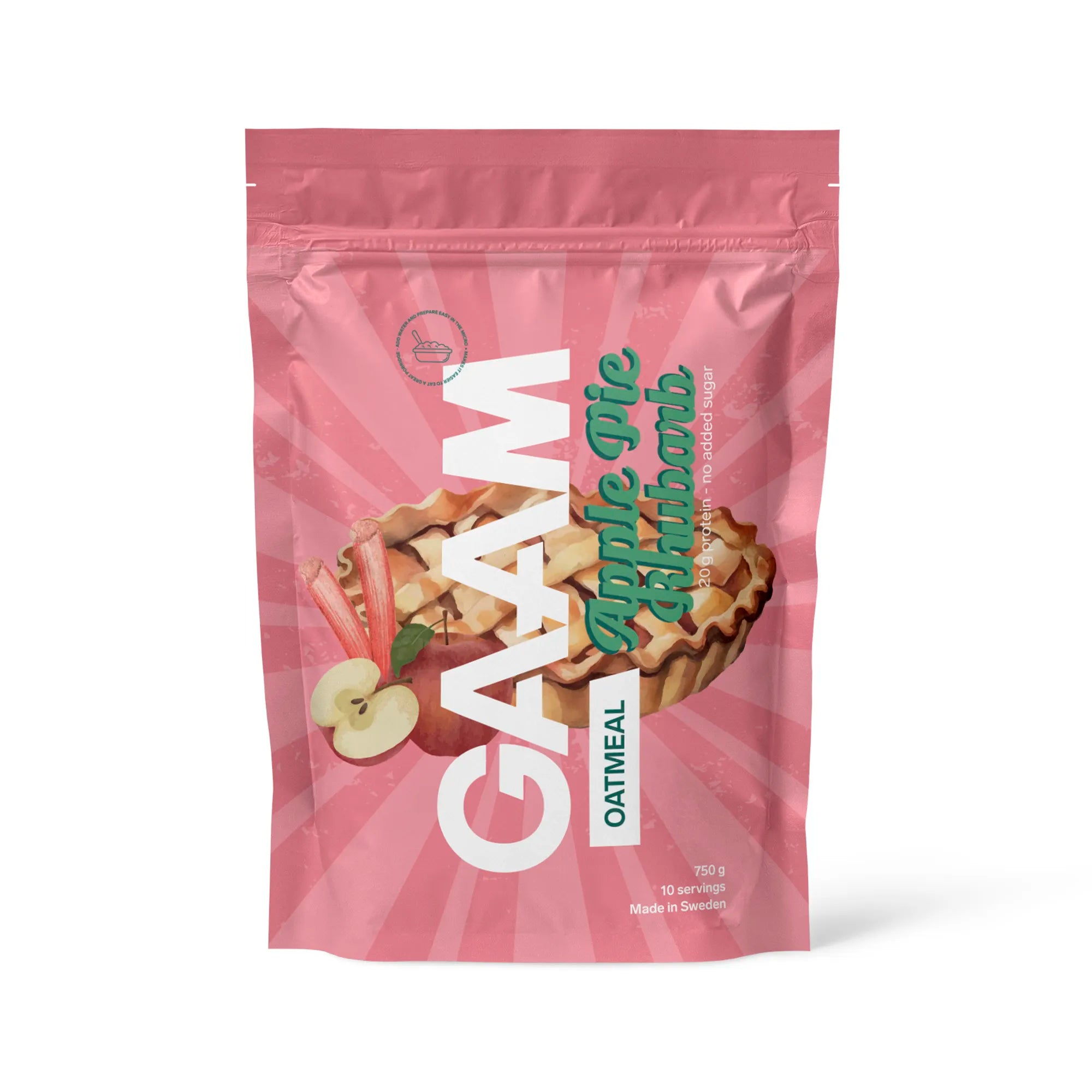 GAAM Oatmeal 750 g hurtiggrøt i en mønstret rosa pose med en paillustrasjon for smaken Apple Rhubarb Pie., bilde 2 av 2