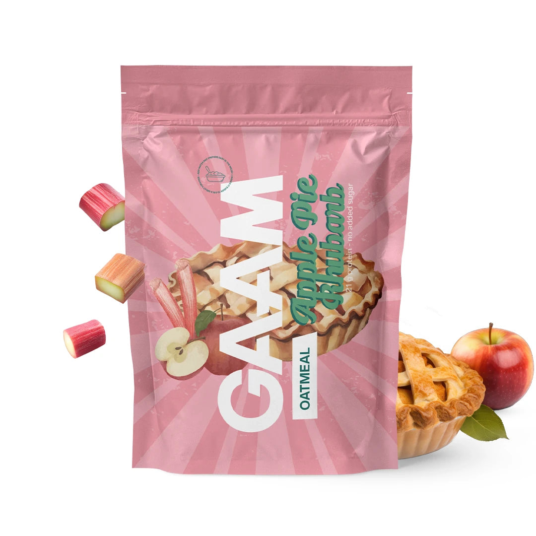 GAAM Oatmeal 750 g proteingrøt i en rosa pose med motiv og tekst for smaken Apple Rhubarb Pie.
