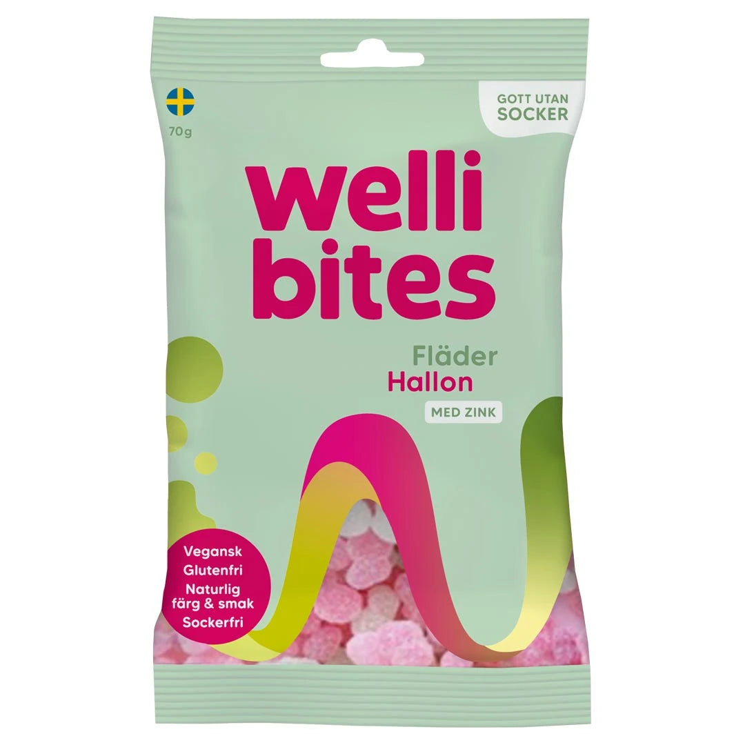Wellibites Candy 70 g sukkerfritt godteri i en lysegrønn pose med rosa detaljer for smaken Hyllebær Bringebær., bilde 2 av 6