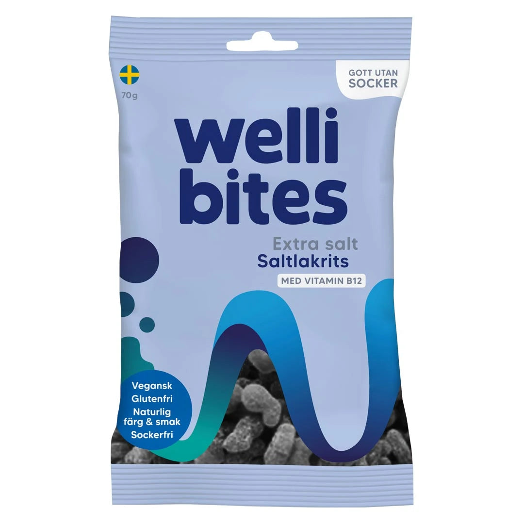 Wellibites Candy 70 g sukkerfritt godteri i en lyseblå pose for smaken Ekstra salt saltlakris., bilde 4 av 6
