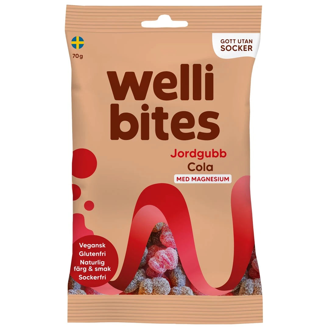 Wellibites Candy 70 g sukkerfritt godteri i en beige pose med røde detaljer for smaken Jordbær cola.