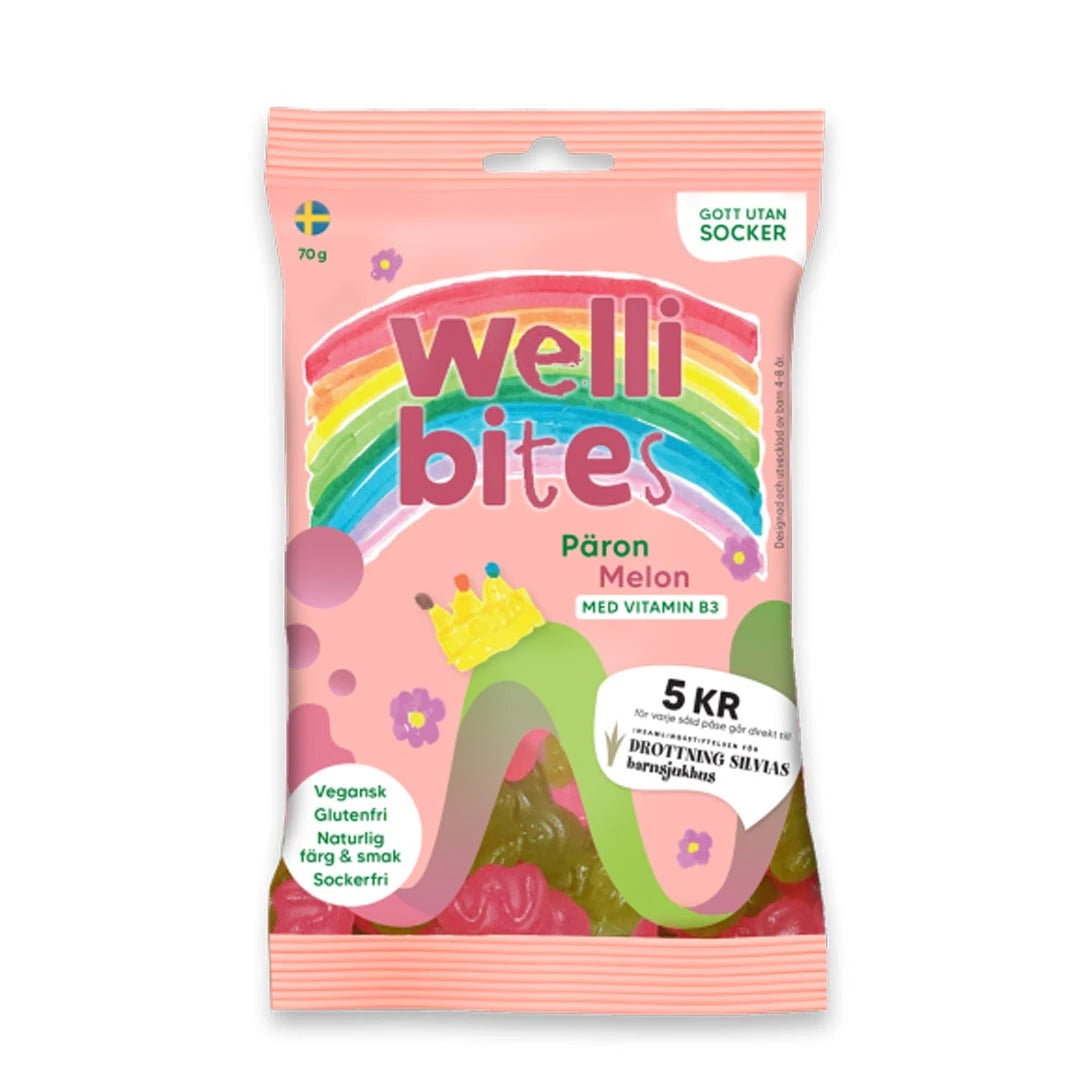 Wellibites Candy 70 g sukkerfritt godteri i en rosa pose for smaken Pære Melon.