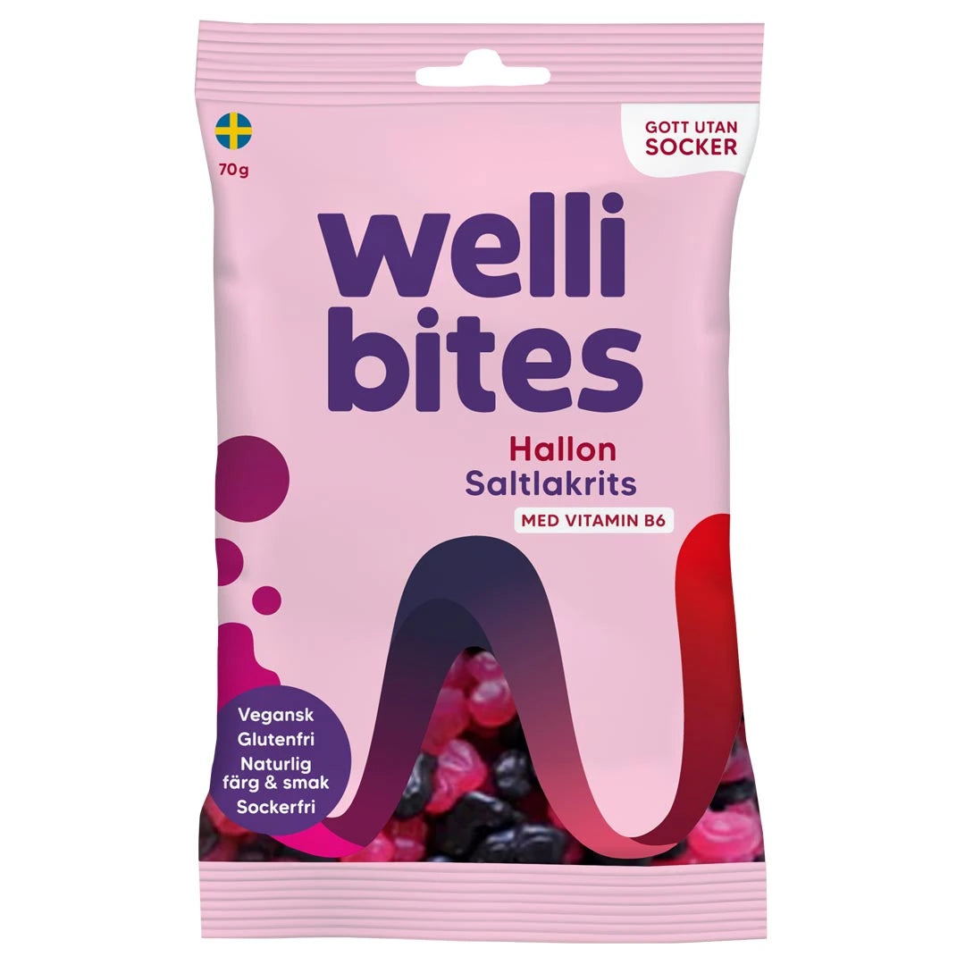 Wellibites Candy 70 g sukkerfritt godteri i en lyserosa pose med smaken Bringebær Saltlakris.