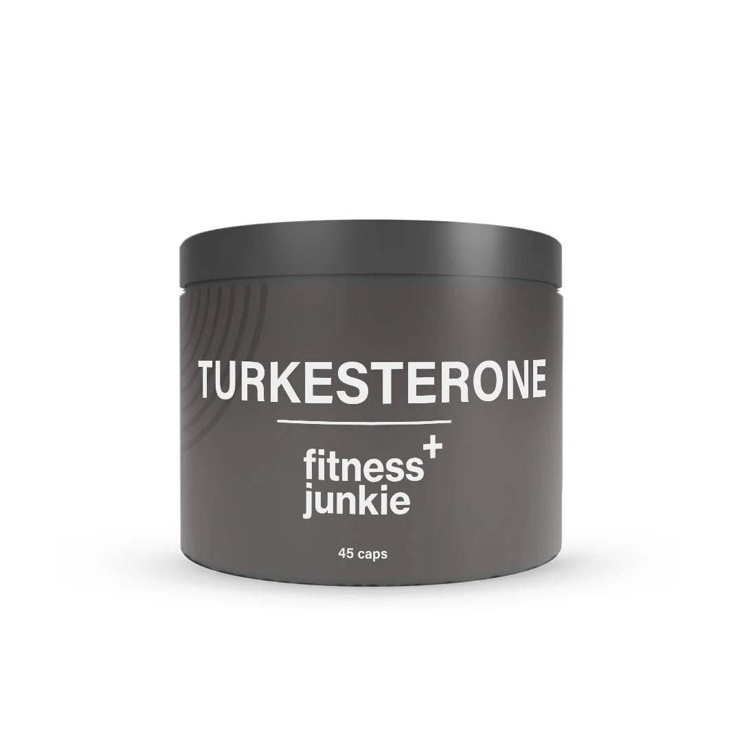 fitnessjunkie Turkesterone 45 caps pakket i en stilren mørkegrå boks med hvit tekst.