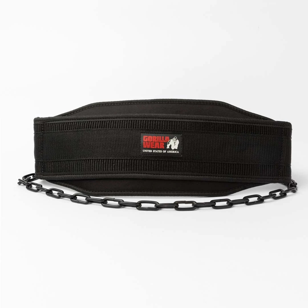 Svart Gorilla Wear GW Nylon Dip Belt i slitesterkt nylon med en robust svart stålkjede for ekstra vekter.