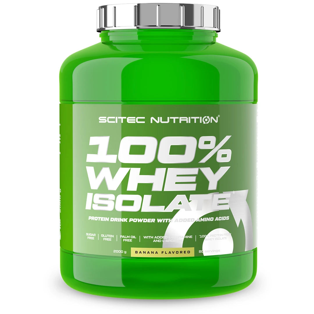 Scitec Nutrition 100% Whey Isolate 2 kg proteinpulver i en stor grønn boks med smak av banan.
