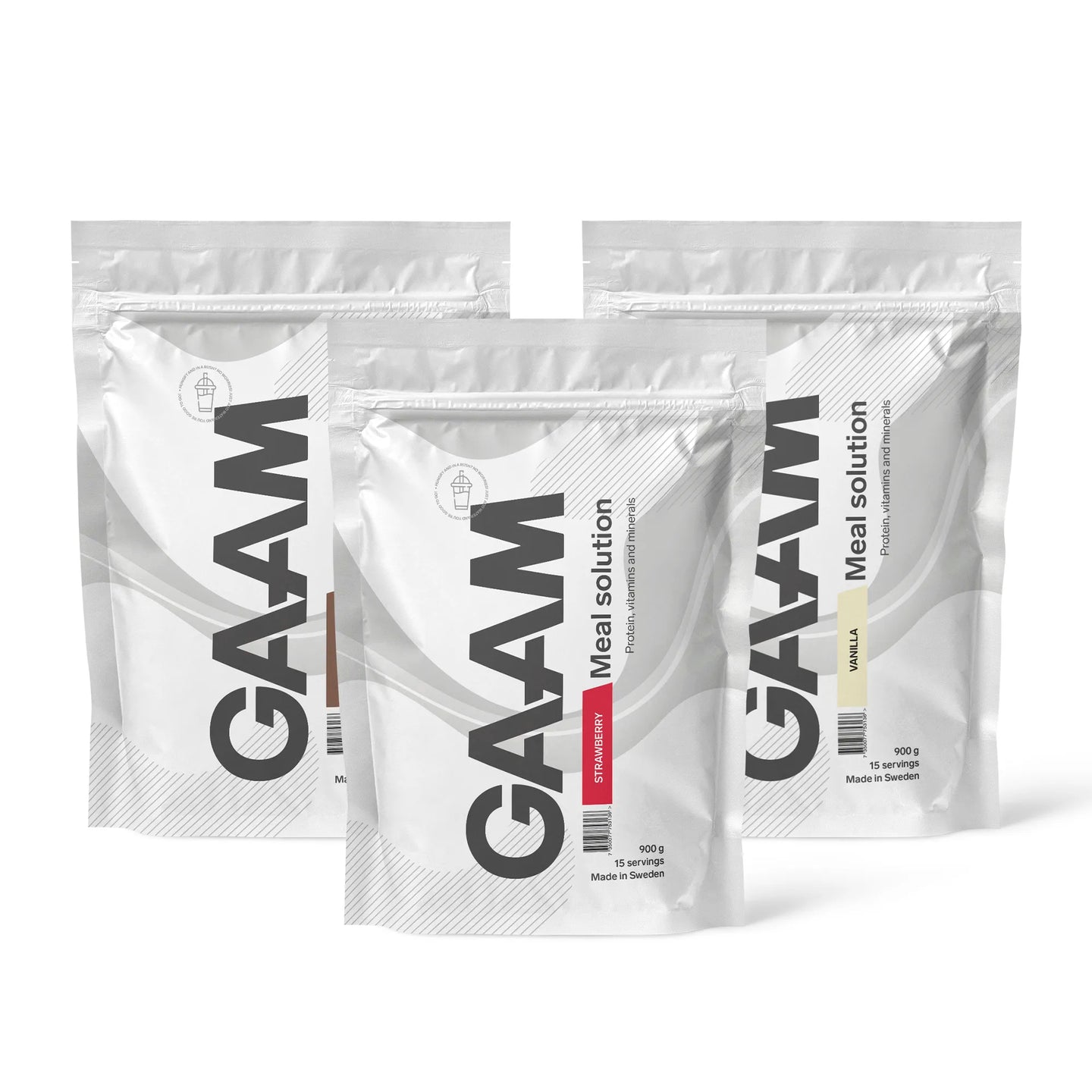 Tre hvite poser med 3 x GAAM Meal Solution 900 g måltidserstatning i smakene Strawberry, Vanilla og sjokolade.