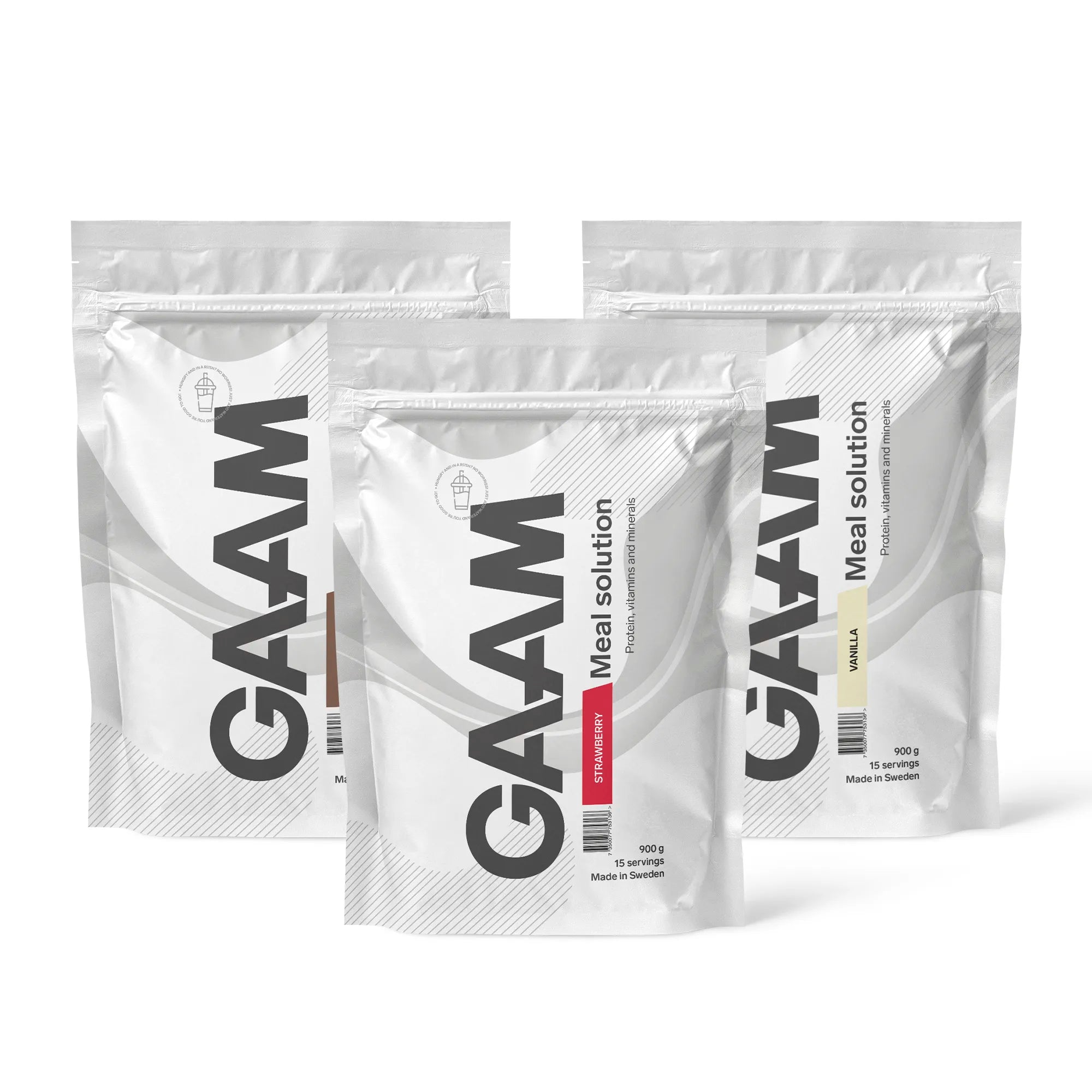 Tre hvite poser med 3 x GAAM Meal Solution 900 g måltidserstatning i smakene Strawberry, Vanilla og sjokolade.