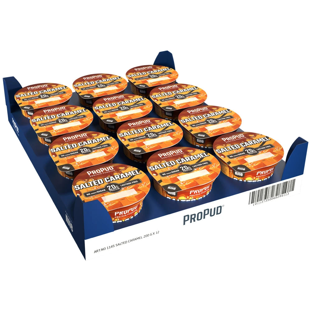 12 x NJIE ProPud 200 g Salted Caramel i en blå eske med tolv beger proteinpudding med oransje lokk.
