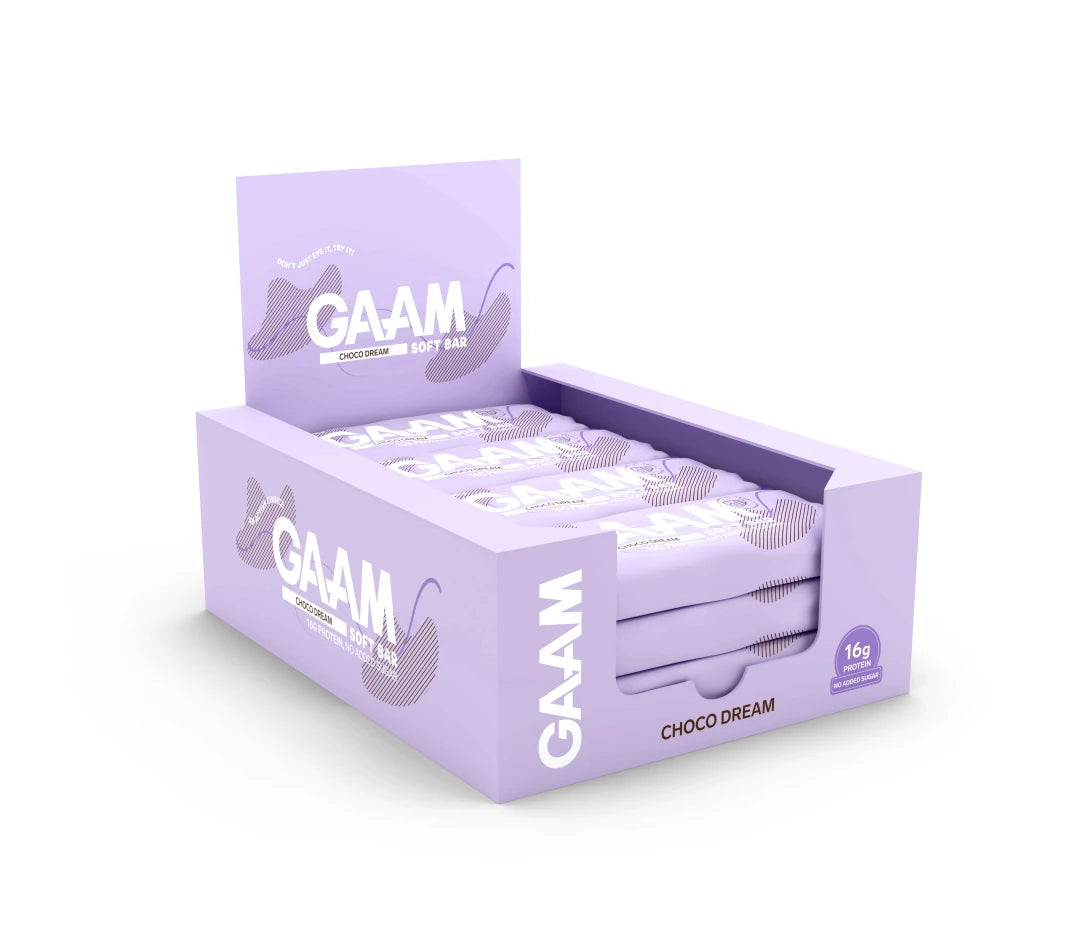 12 x GAAM Soft bar 45 g Choco Dream i en lys lilla eske fylt med matchende lilla barer.