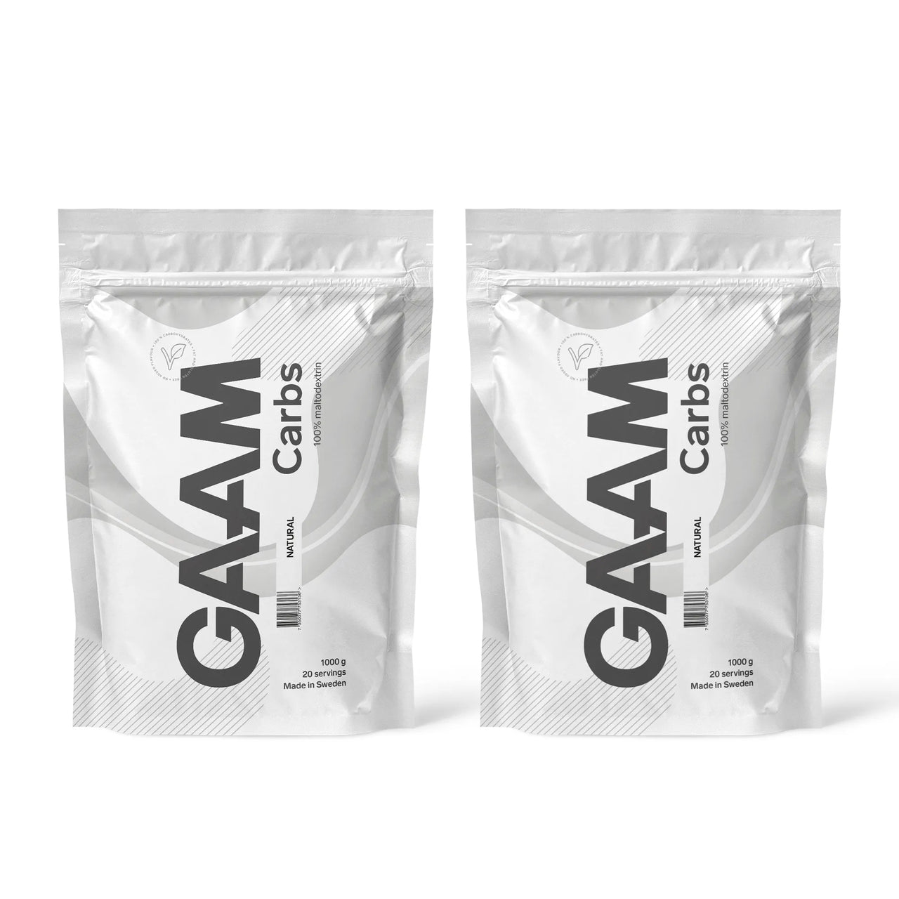 2 x GAAM Carbs - 100% Maltodextrin 1 kg i to hvite poser med grå detaljer for smaken Naturell.