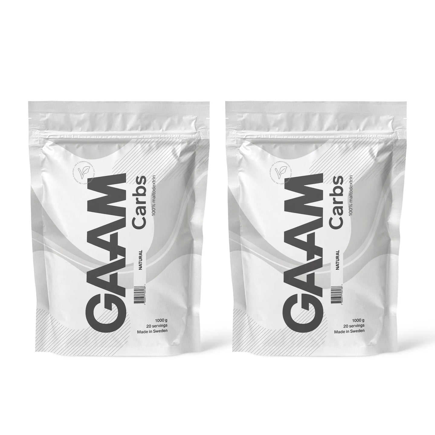 2 x GAAM Carbs - 100% Maltodextrin 1 kg i to hvite poser med grå detaljer for smaken Naturell.