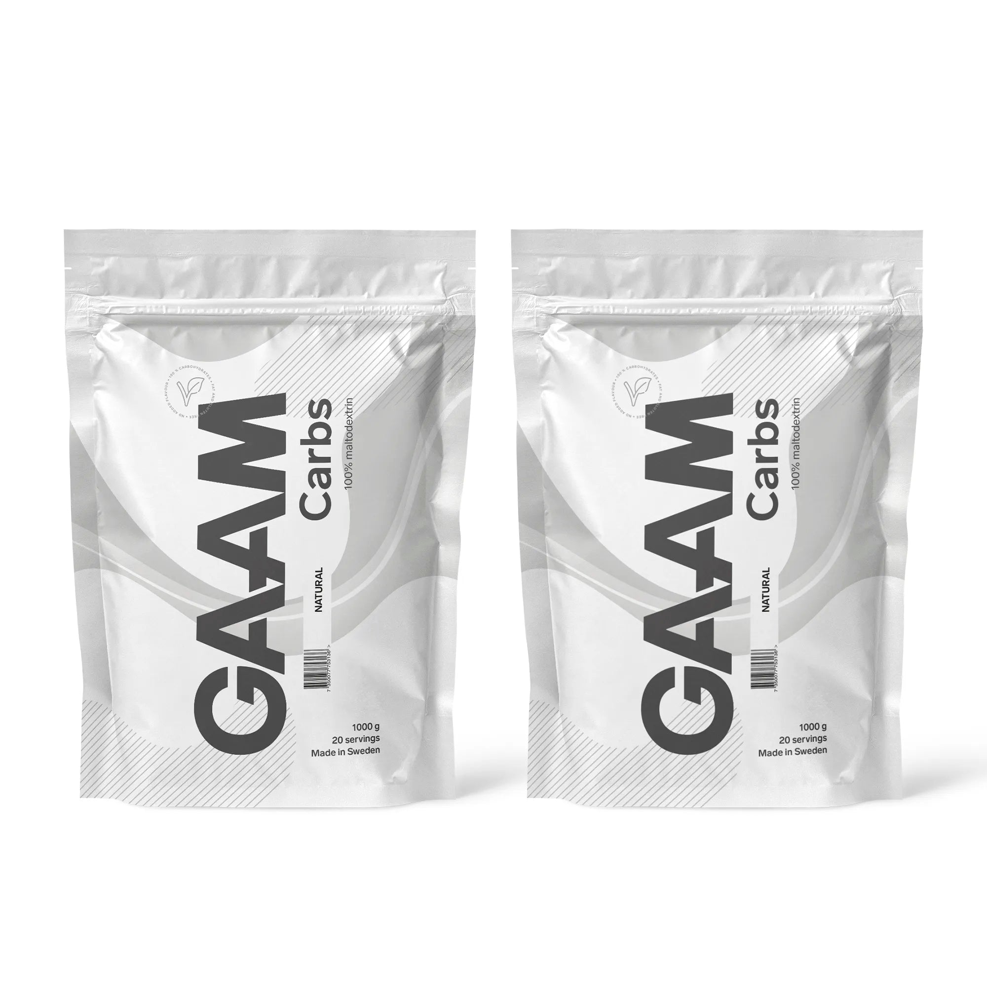 2 x GAAM Carbs - 100% Maltodextrin 1 kg i to hvite poser med grå detaljer for smaken Naturell.