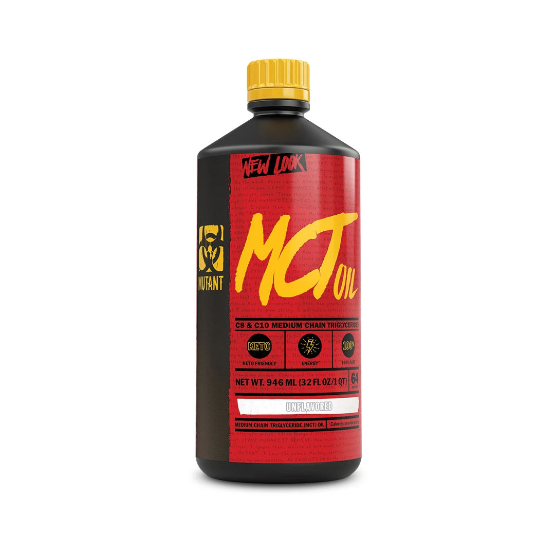 Mutant Nutrition MCT Oil 946 ml i en svart flaske med rød etikett og gul kork.